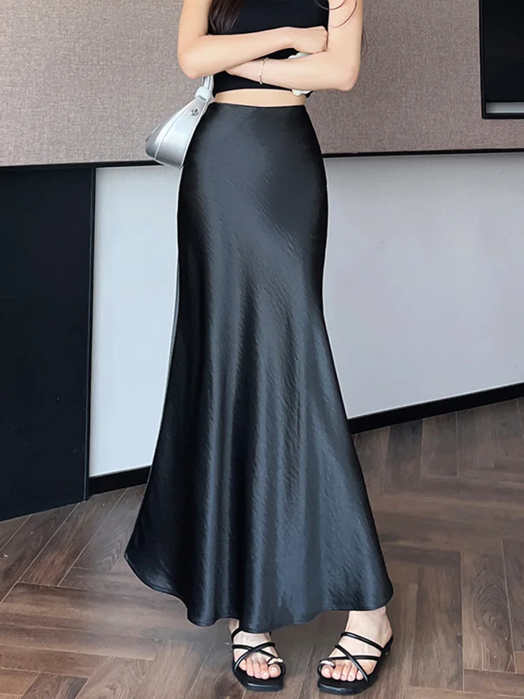 Zoki Chic Satin Elegant Long Skirt Women Casual Fashion High Waist Sweet Trumpet Skirts Slim Summer Female Korean Long Skirts 1