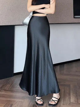 Zoki Chic Satin Elegant Long Skirt Women Casual Fashion High Waist Sweet Trumpet Skirts Slim Summer Female Korean Long Skirts 1