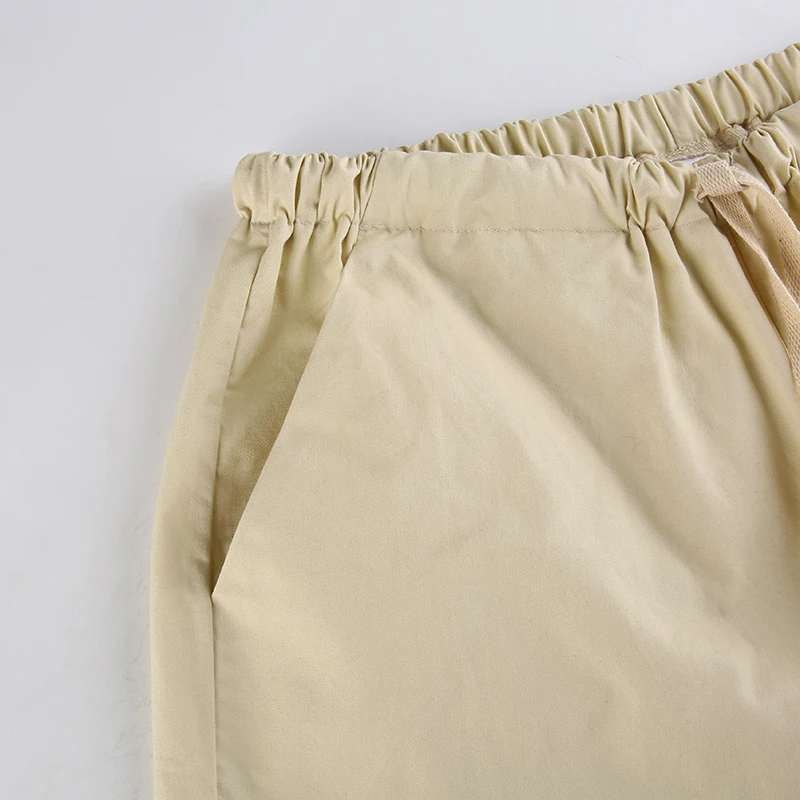 Weekeep Light Khaki Cargo Pants Streetwear 100% Cotton Big Pocket Patchwork Casual Pants Drawstring Low Waist Baggy Trouser Lady