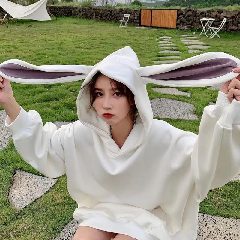 Autumn Winter Women's Hooded Pullover Korean Version Loose Fashion Cute Rabbit Ear Long Sleeve Top Clothing 2023