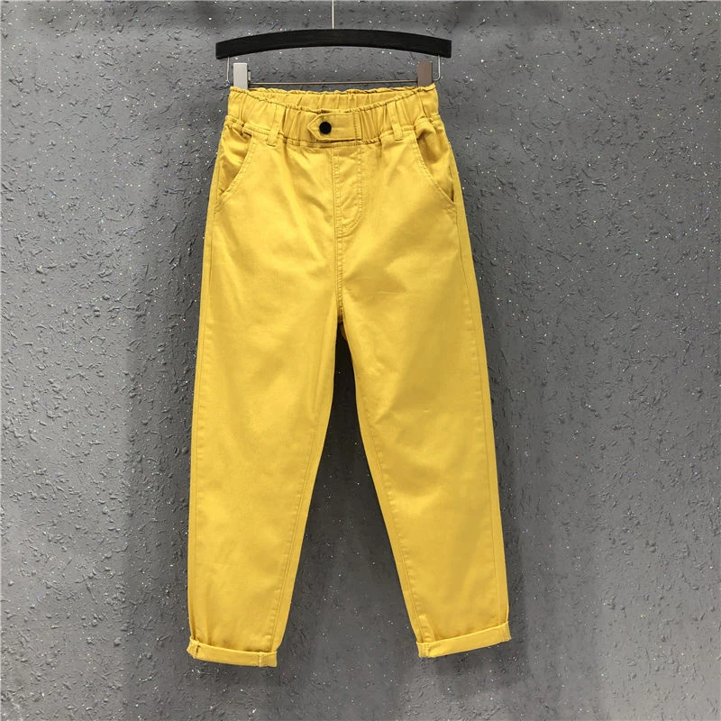 New Arrival Summer Women Harem Pants All-matched Casual Cotton Denim Pants Elastic Waist  Yellow White Jeans