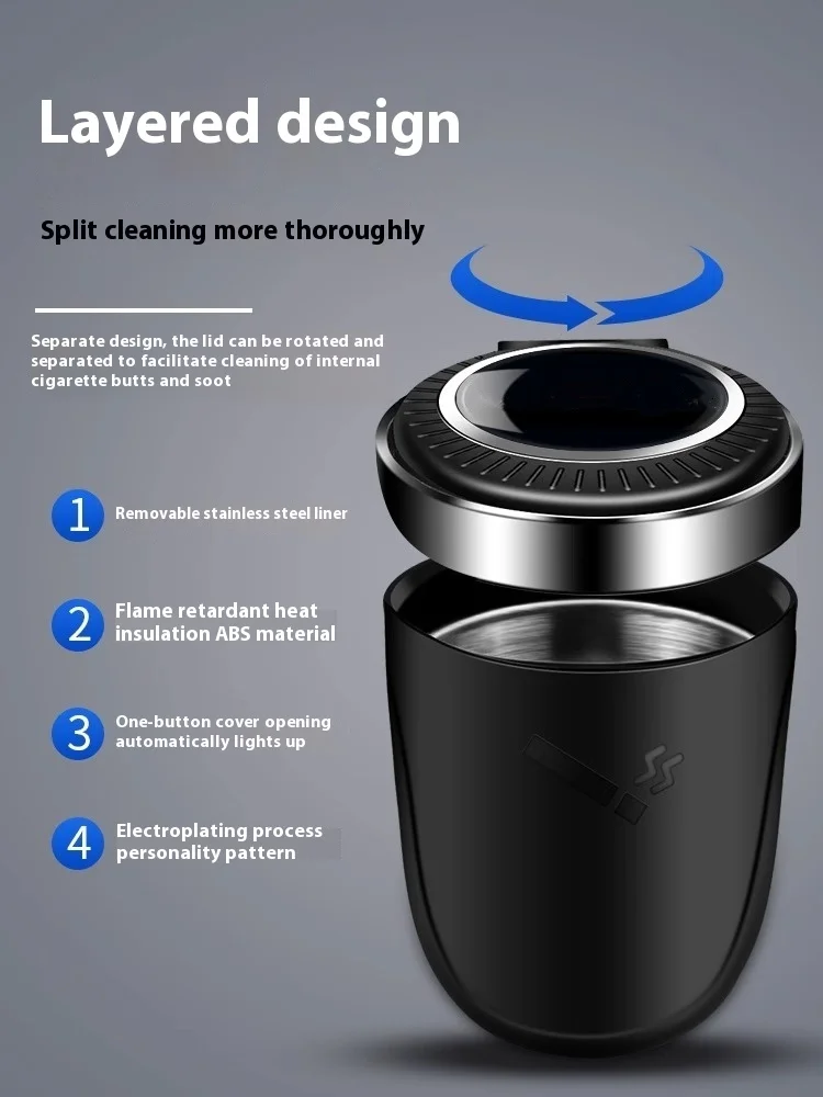 Car Ashtray Car on-board ashtray multi-functional with lid LED with light metal interior Odor-resistant One Touch Open portable