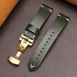 Vintage Oil Wax Leather Watch Band with Butterfly Buckle - Cowhide Strap Bracelet - 22mm (Green - Gold)