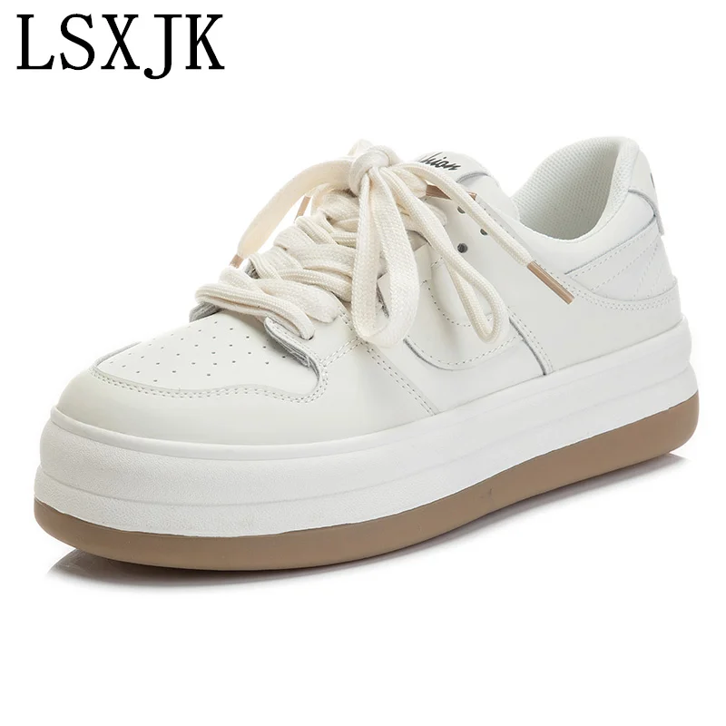 

LSXJK 2022 New Cow Leather Women Shoes Lace Up Platform Shoes Women Sneakers Ladies Flat Shoes Size 35-40