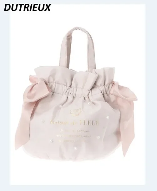 Japanese Style New Cosmetic Bag Fashion Elegant Sweet Cute Pearl Mesh Bucket Crossbody Hand-Carrying Dual-Use Women's Bag