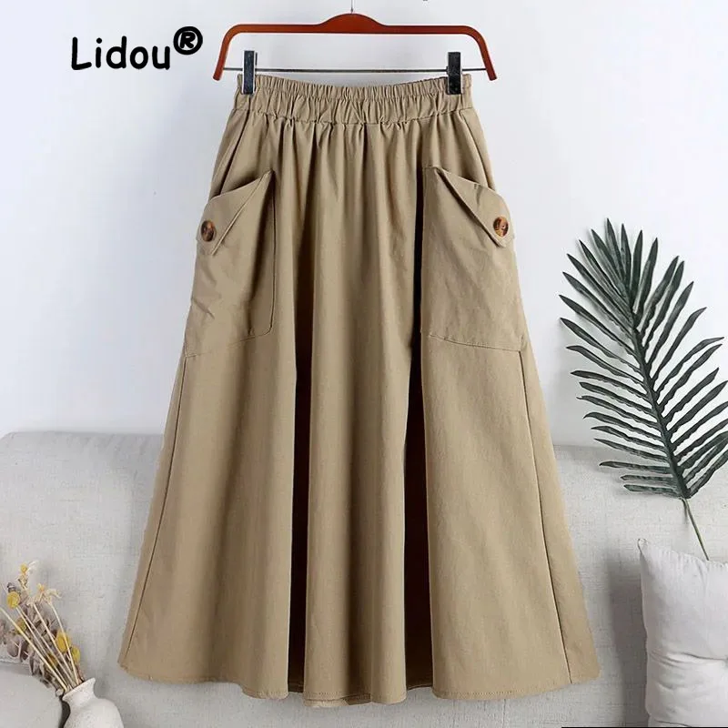 Vintage Fashion Pocket Button Swing A-line Skirt Women High Quality Elastic Waist Solid Color Casual Lady All-match Skirt