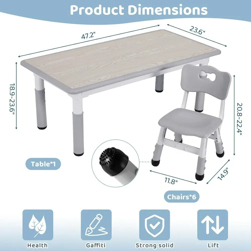 Kids Study Table and 6 Chairs Set, Height Adjustable Graffiti Table, Preschool Activity Art Craft Table for 6, Multifunctional 2