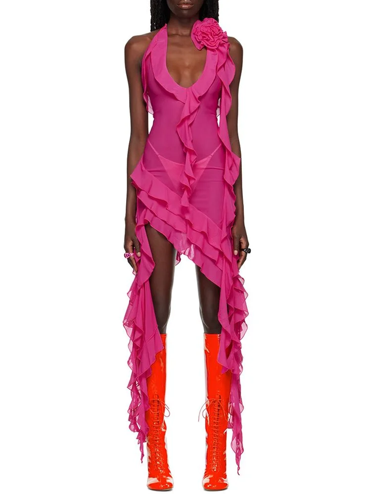 

2023 New Summer Women 3D Flower Asymmetric Ruffle Dress Sexy V-neck Sleeveless Backless Elegant Celebrity Party Dress