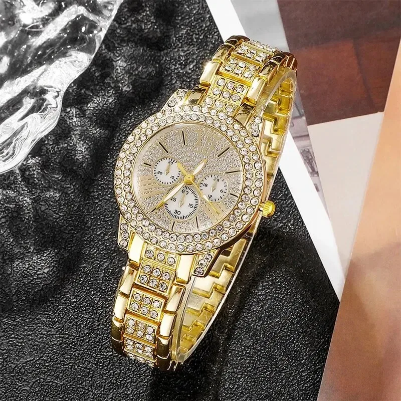 Womens Quartz Watch Gold Luxury Women Ring Necklace Earring Rhinestone Fashion Wristwatch Casual Ladies Watches Jewelry Set