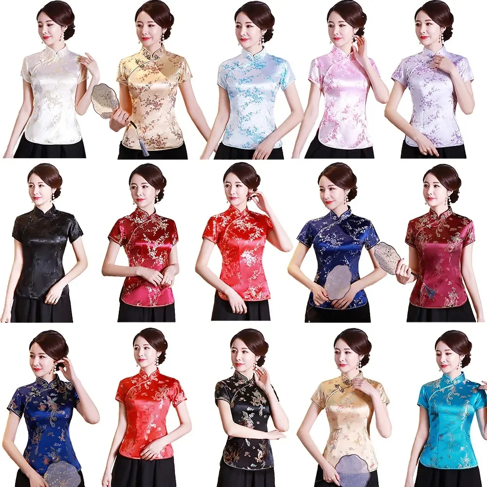 Women Chinese Shirt Satin Blouse Vintage Flower Traditional Sexy Summer Novelty Dragon Clothing Tops 3XL 4XL