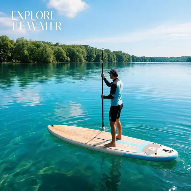 Inflatable Stand Up Paddle Board With Stable Non-Slip EVA Deck Gradient Light Wood Grain Design Tri-Fin System High Weight Capacity And Complete Kit Including Paddle Backpack Pump For Family Water Sports