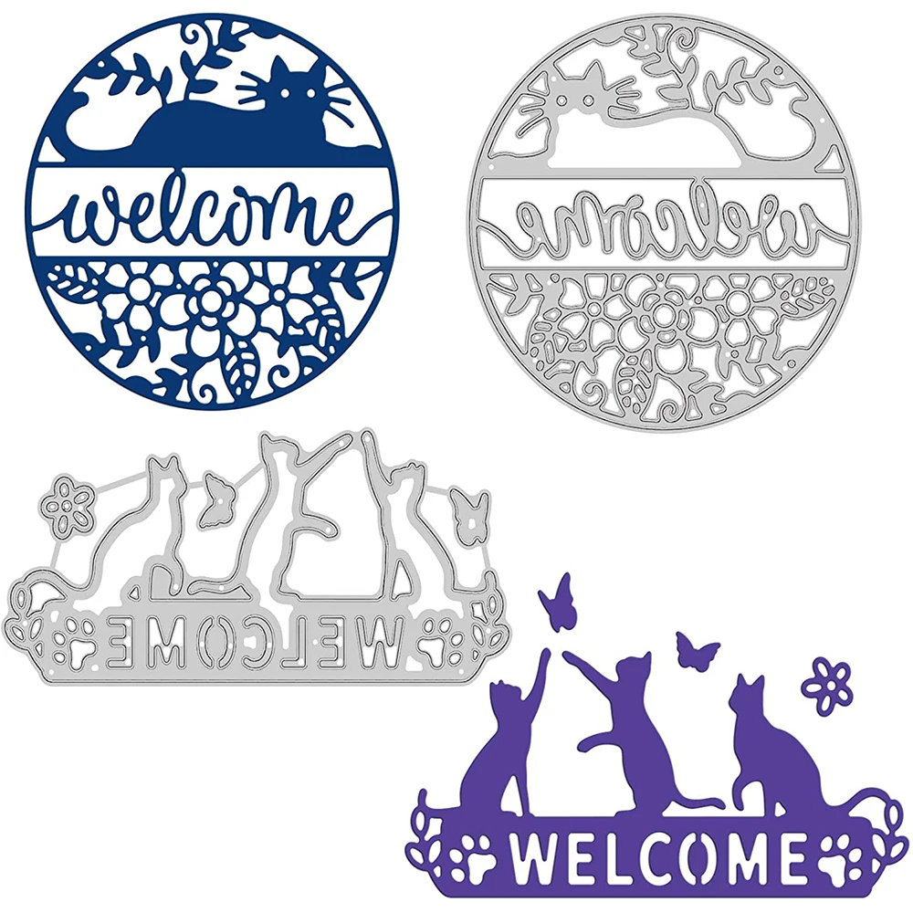 

2Pcs Welcome Cat Metal Cutting Dies Flower Die Cuts for DIY Scrapbooking Festival Birthday Wedding Cards Making Album Decoration