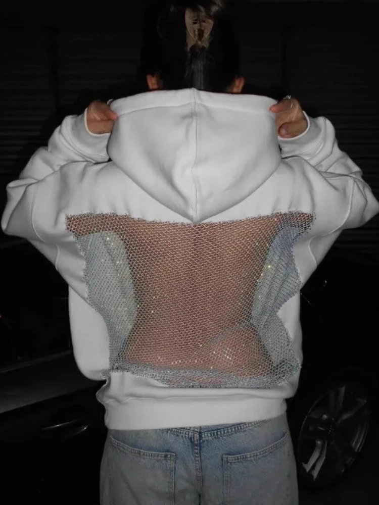 American Gothic Sexy Hollow Mesh Hoodie Y2K Clothes Womens Fashion Translucent Pullover Sweatshirt Casual Long Sleeves Jacket