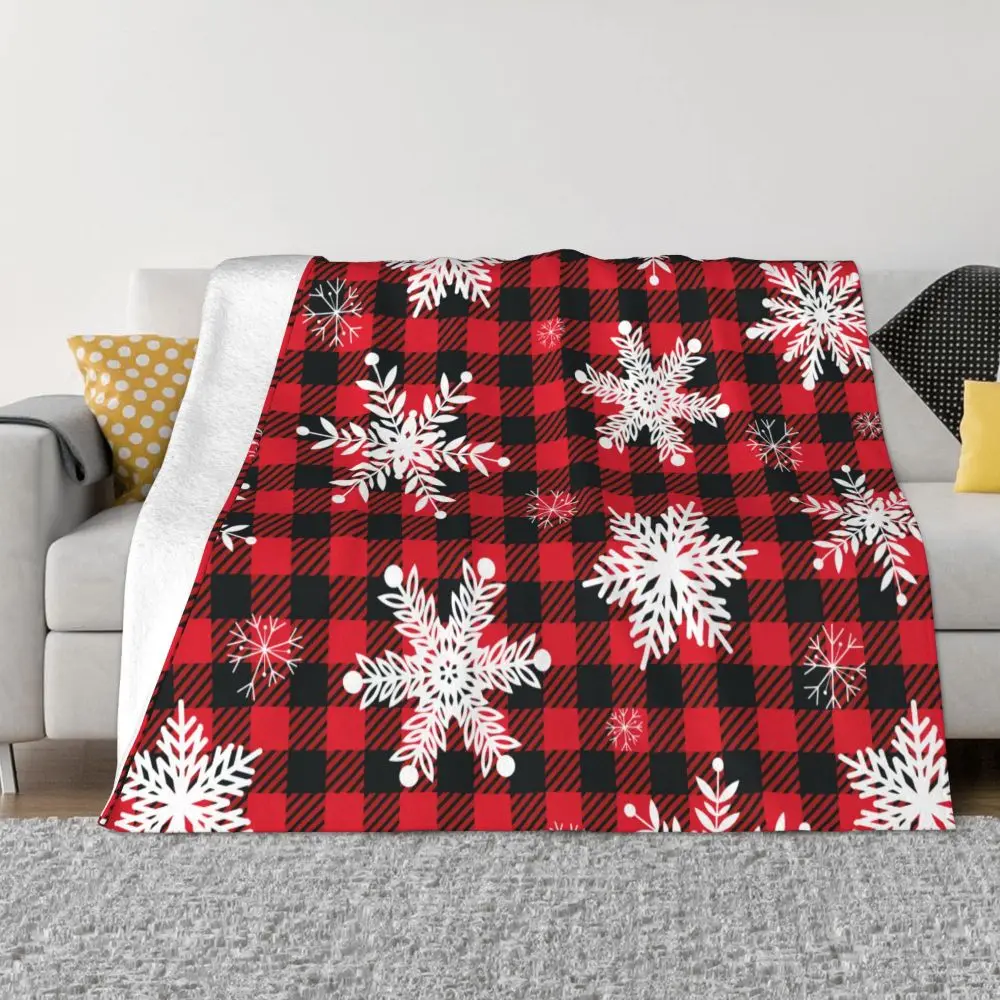 Christmas Blanket Flannel Winter Snowflakes On A Buffalo Plaid Multi-function Warm Throw Blankets for Sofa Outdoor Quilt