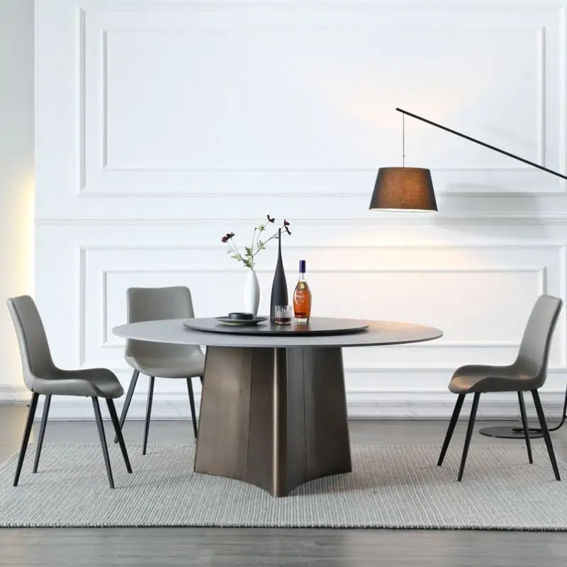 

Rock slab dining table simple rectangular light luxury stainless steel dining table and chairs high-end villa furniture