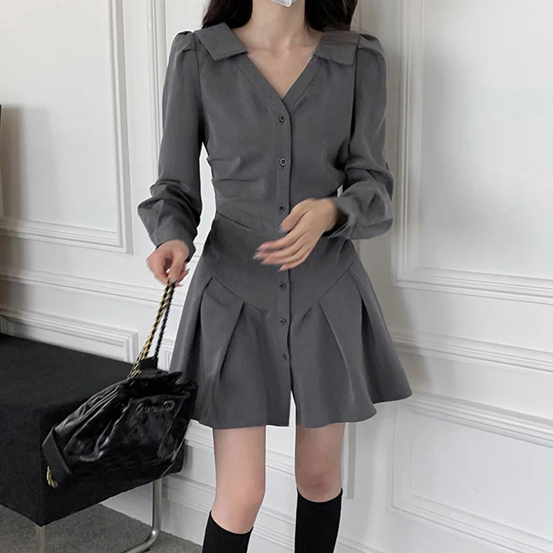 

2022 Rimocy Long Sleeve Single-breasted Dress Women Summer V Neck Pleated Mini Dresses Woman Gray Slim Waist Vestido Feminino