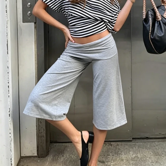 Capri Pants for Women Low Rise Fold Over Capri Yoga Pant Soft Comfy Flowy Wide Leg Capris Culottes Bottoms 6