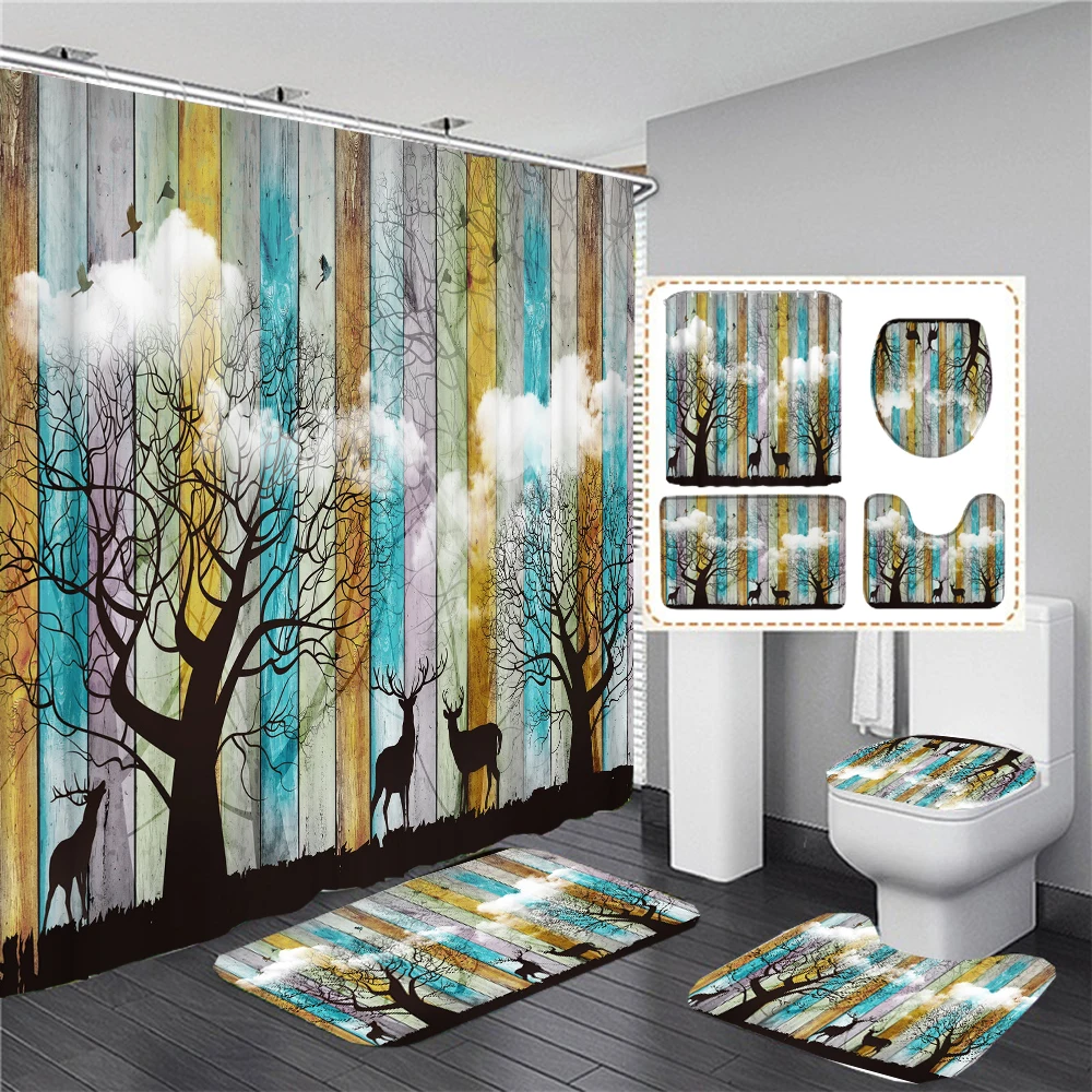 

180*180cm Retro Plank Trees and Deer Print Shower Curtain 3D Waterproof Bathroom Curtains Set Non-Slip Rugs Toilet Lid Cover Mat