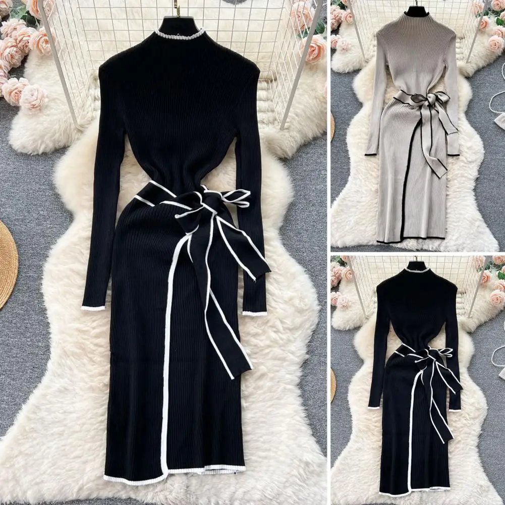 

Solid Color Women Dress Elegant Vintage High Neck Maxi Dress with Belted Waist Split Hem Women's Slim Fit Knitted Sheath Dress