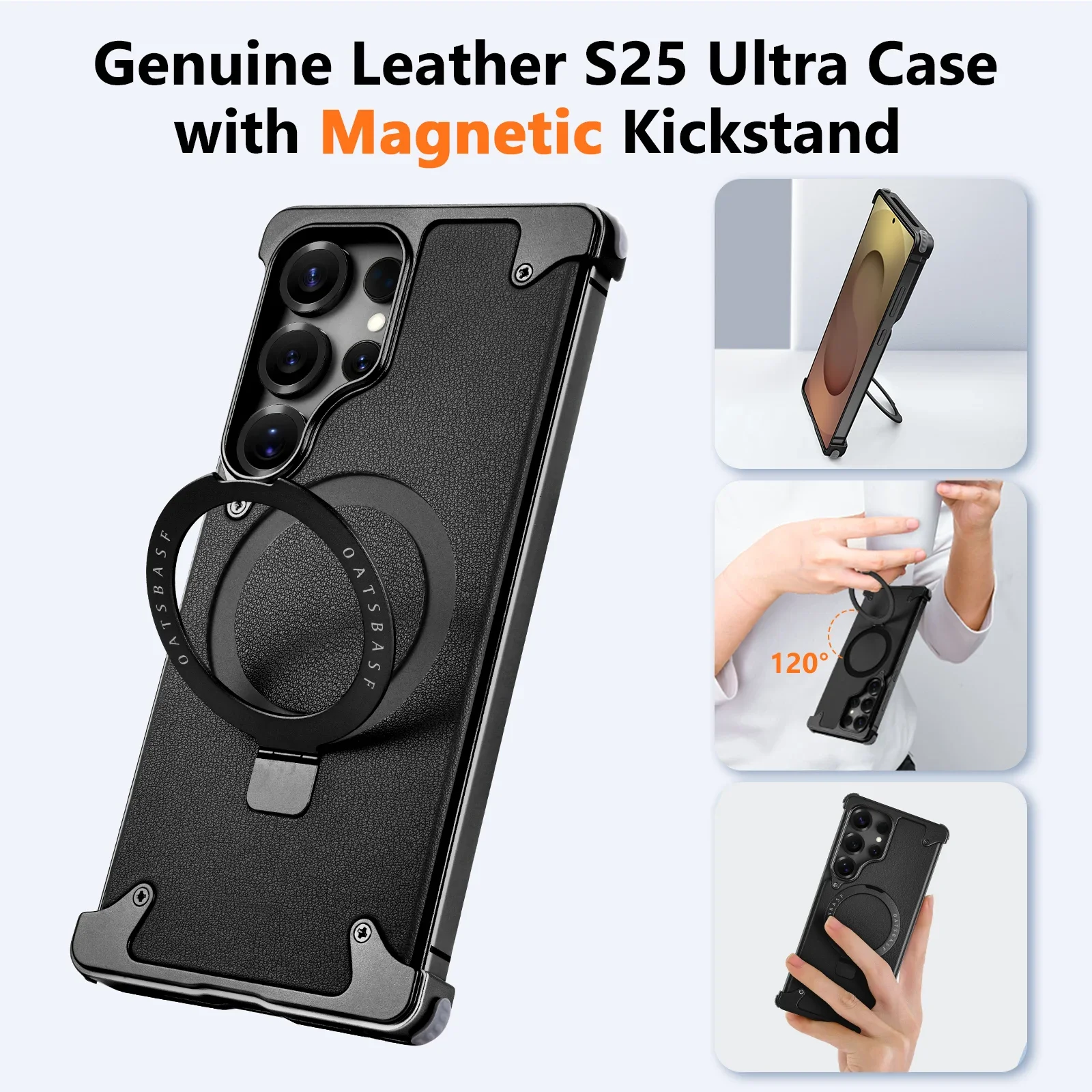 Eary Leather for Samsung Galaxy S25 Ultra Phone Case 360 Rotate Magnetic  Stand for Wireless Charging Shockproof Protector Cover