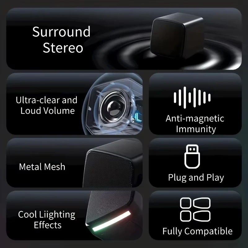 Mini Speaker with Cool Lights and Stereo Sound Computer Speakers 6W USB Powered 3.5 mm AUX-in Portable Speaker for Computer La computer speakers