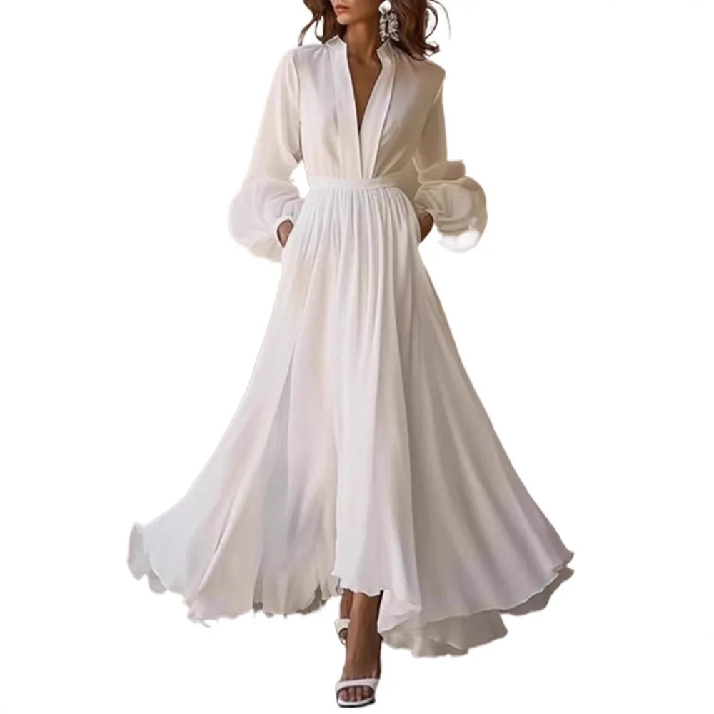 فستان أنيق ذو لون نقي مستقل مع تنورة طويلة مطوية و...