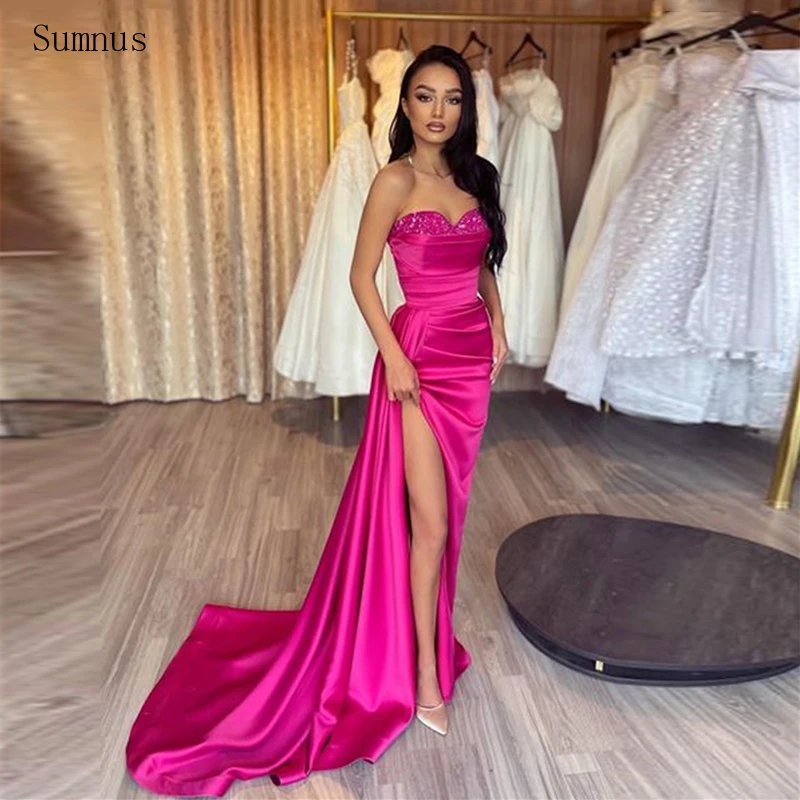 

Sumnus Fuchsia Sexy Prom Dresses Strapless Satin High Slit Mermaid Beadings Pleat Evening Gowns Party Dress Robe De Soirée 2023