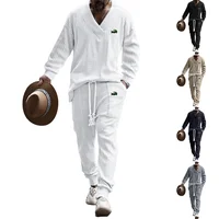 2024 Autumn New Men's Suit Europe And The United States Style Heavy Quality Jacquard V-neck Shirt Trousers Two Sets 1