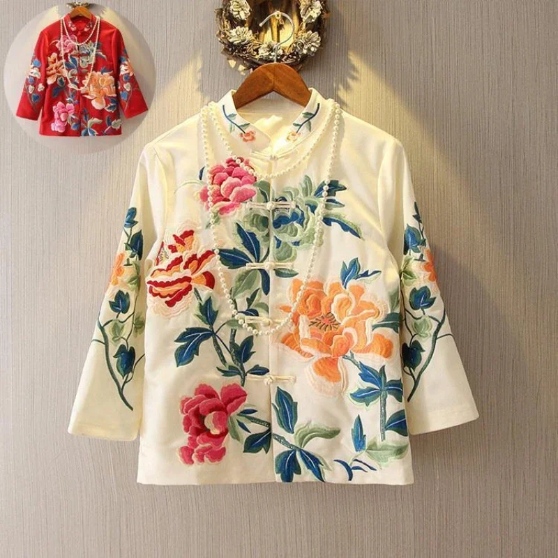 Chinese Style Tang Suit Jacket Spring and Summer National Style Embroidered Peony Short Cheongsam Blouse Female