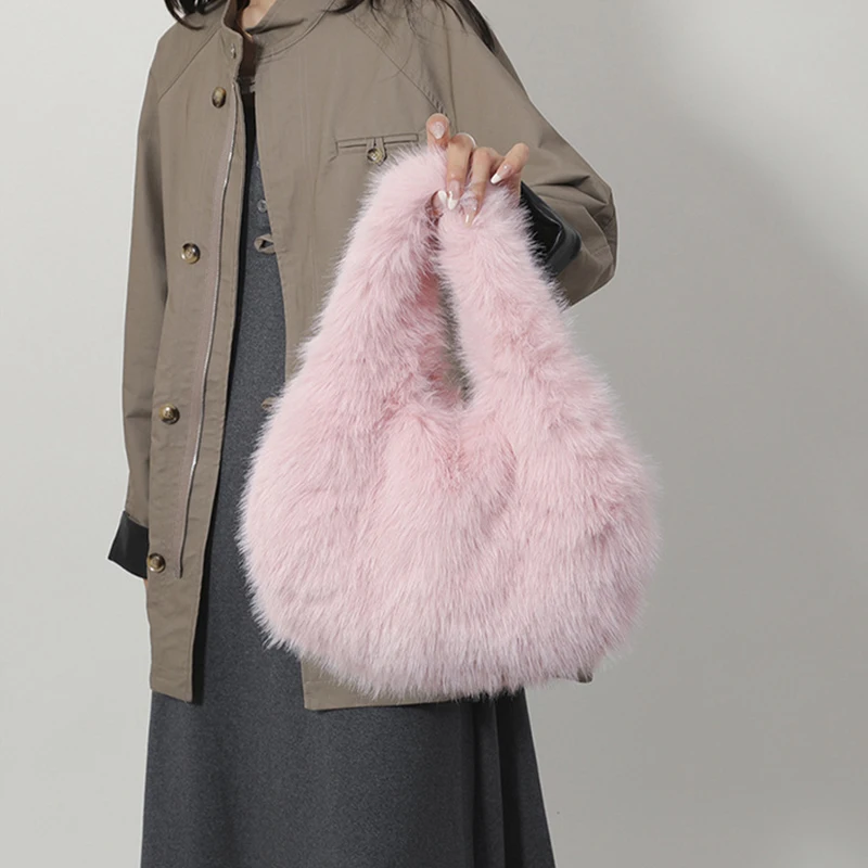 Neue Mode Weiche Plüsch Top Griff Taschen Frauen Designer Handgelenk Knoten Flauschigen Faux Pelz Dame Handtaschen Luxus Kleine Tote Weibliche Brieftasche – Detail 12