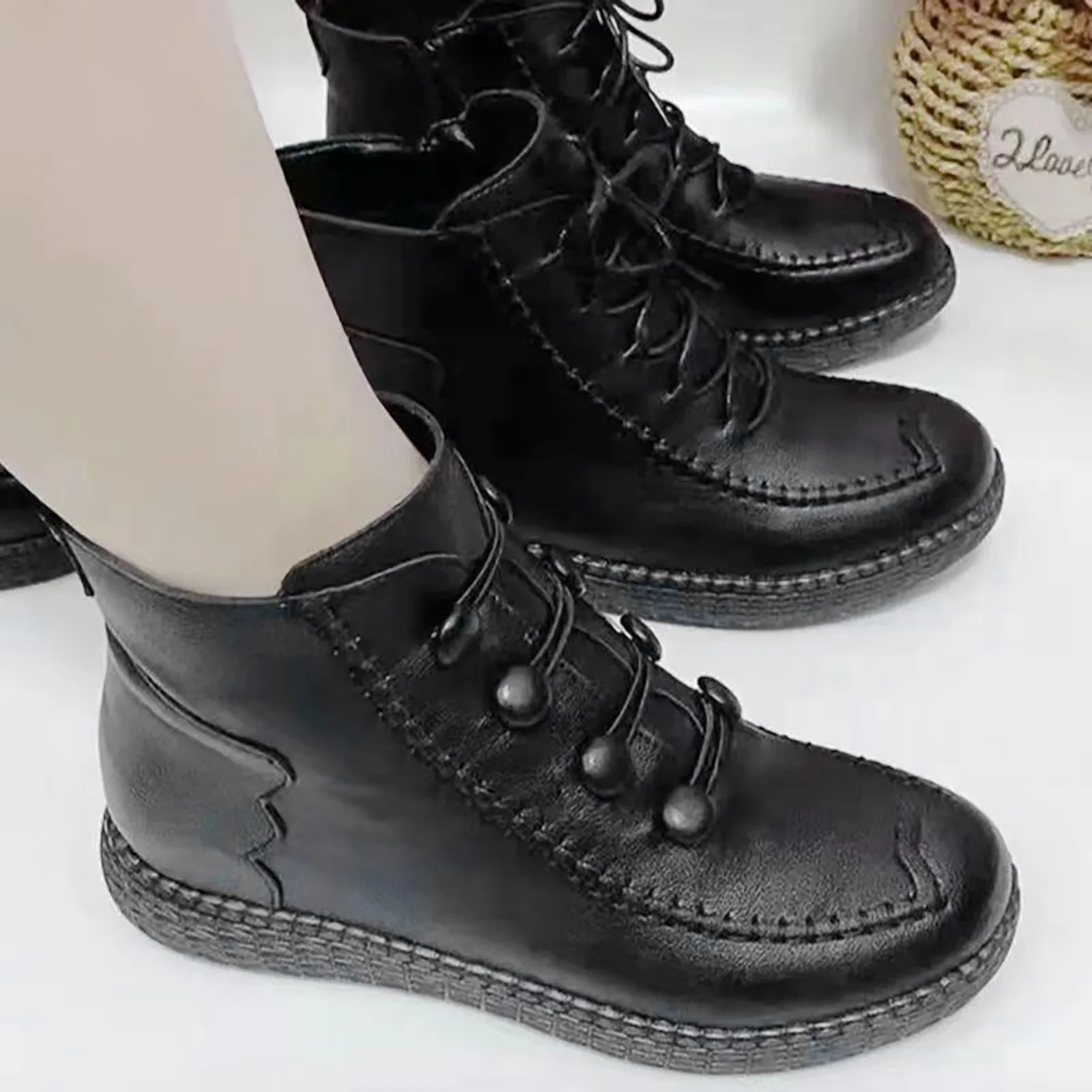 

Middle-aged Round Toe Flat Booties Shock-absorbing PU Leather Shoes Gift for Girlfriend Women Lover PR Sale