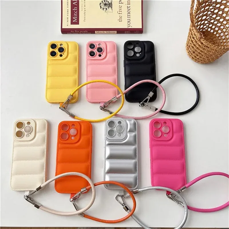 Luxury Wave Puffer Down Jacket Wrist Strap Phone Case - Solid Color Soft Cover