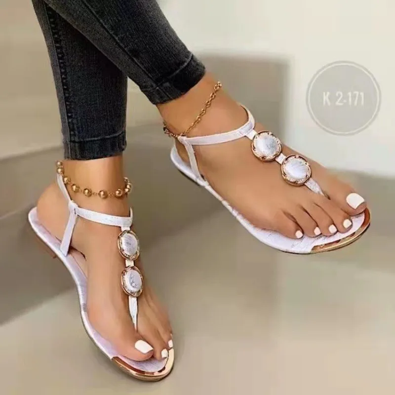 

Europe and The United States Large Size Flat Casual Sandals Women 2024 Summer New Line Buckle Clip Toe Roman Women Sandals