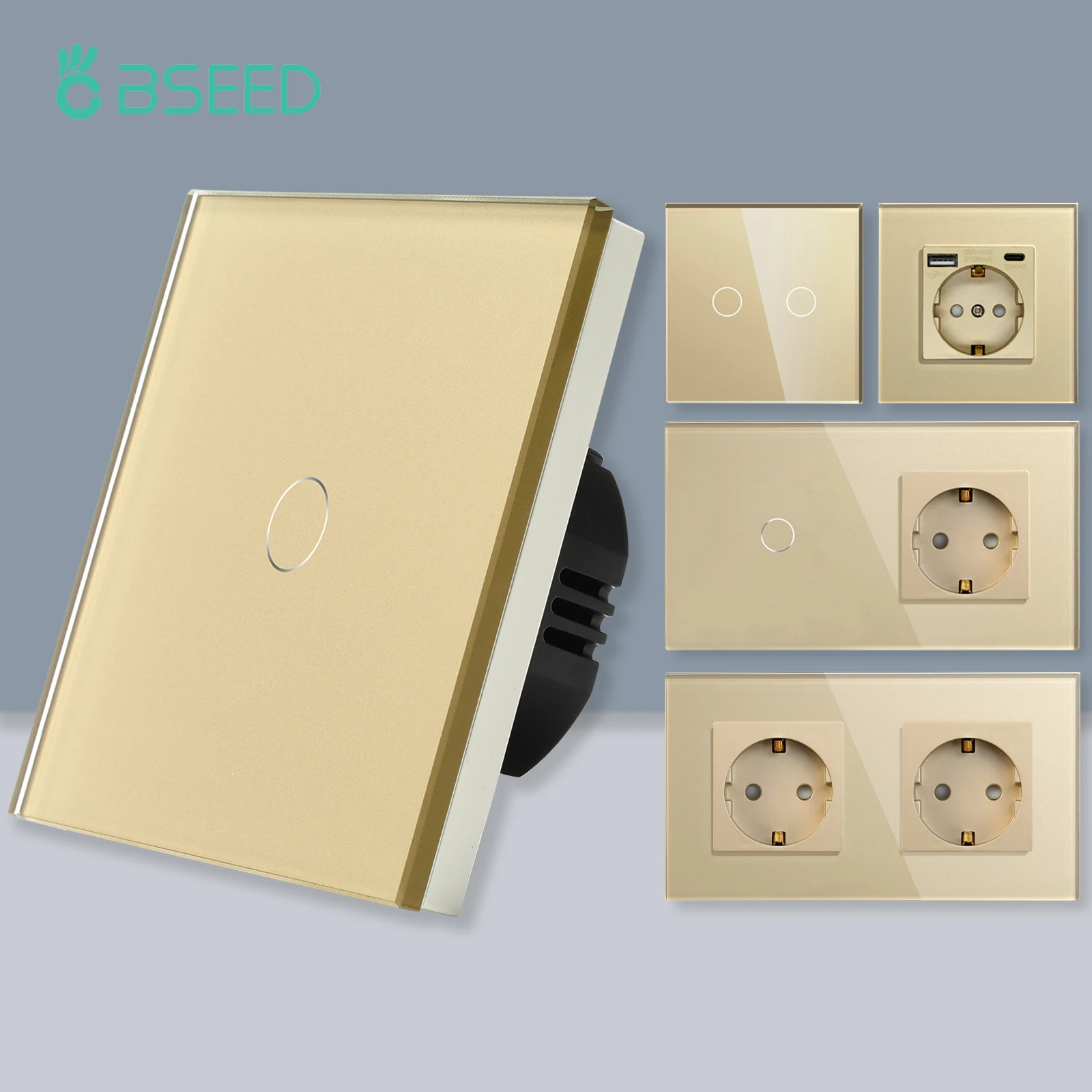 Bseed-eu Tomadas de Parede Padrão com Tomadas de Energia Painel de Vidro Dourado 1way Gang 3gang Touch Switch 1way Tipo-c Usb