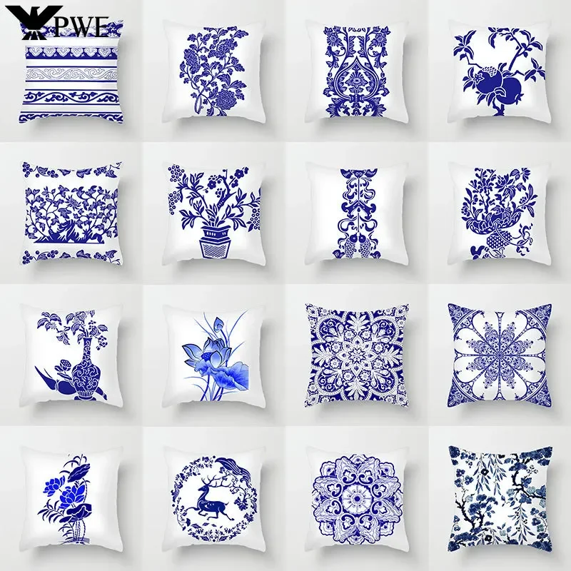 

40/45/50cm Blue Geometric Floral Printed Pillow Case Soft Cushion Cover for Home Sofa Car Bedroom Pillow Covers