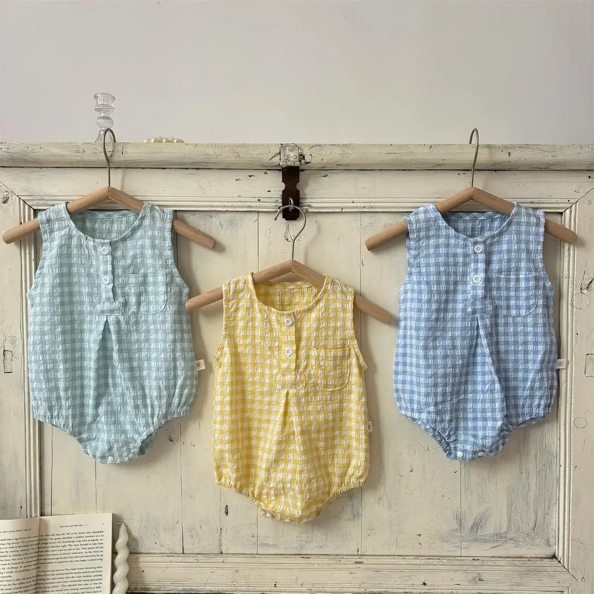Lightweight Sleeveless Romper Baby Boys Girls Summer Outfit Cotton Plaid Triangle Bib Overalls Crawling Clothes for Babies