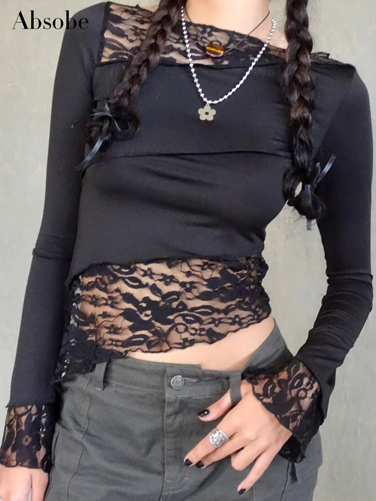 Women Crop Top Asymmetrical Patchwork Crew T-shirt Petal Sleeve