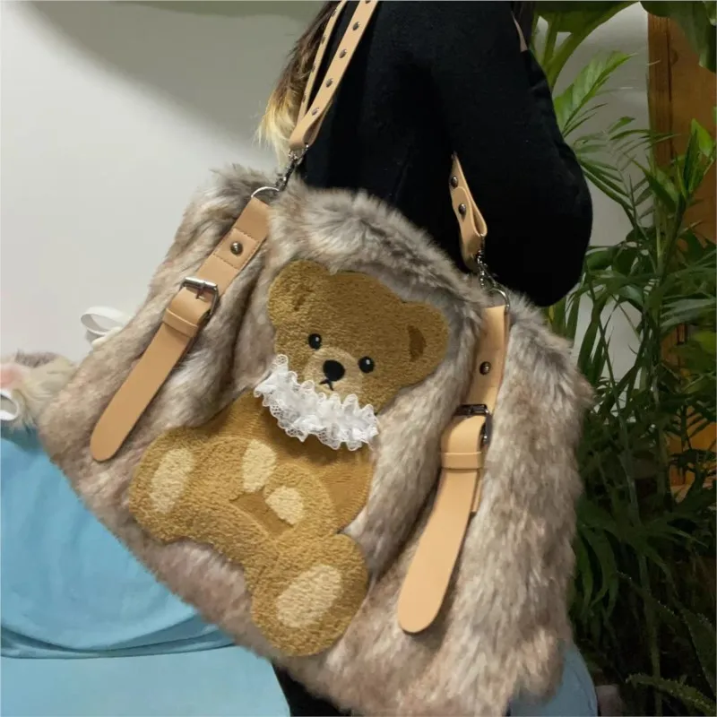 JIAERDI Vintage Bear Plush Y2k Handbag Women Hot Girl Sweet Casual Brown Shoulder Crossbody Bag Female Large Capacity Cute Purse