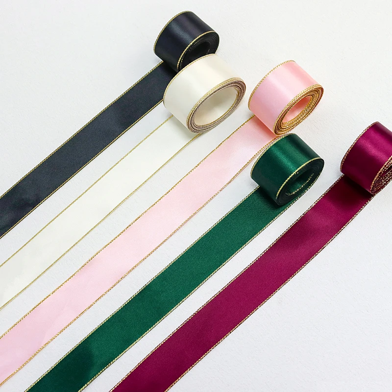 

Wholesale 25mm Glitter Golden Edged Solid Color Satin Ribbon For Gift Packaging DIY Wedding Party Decoration