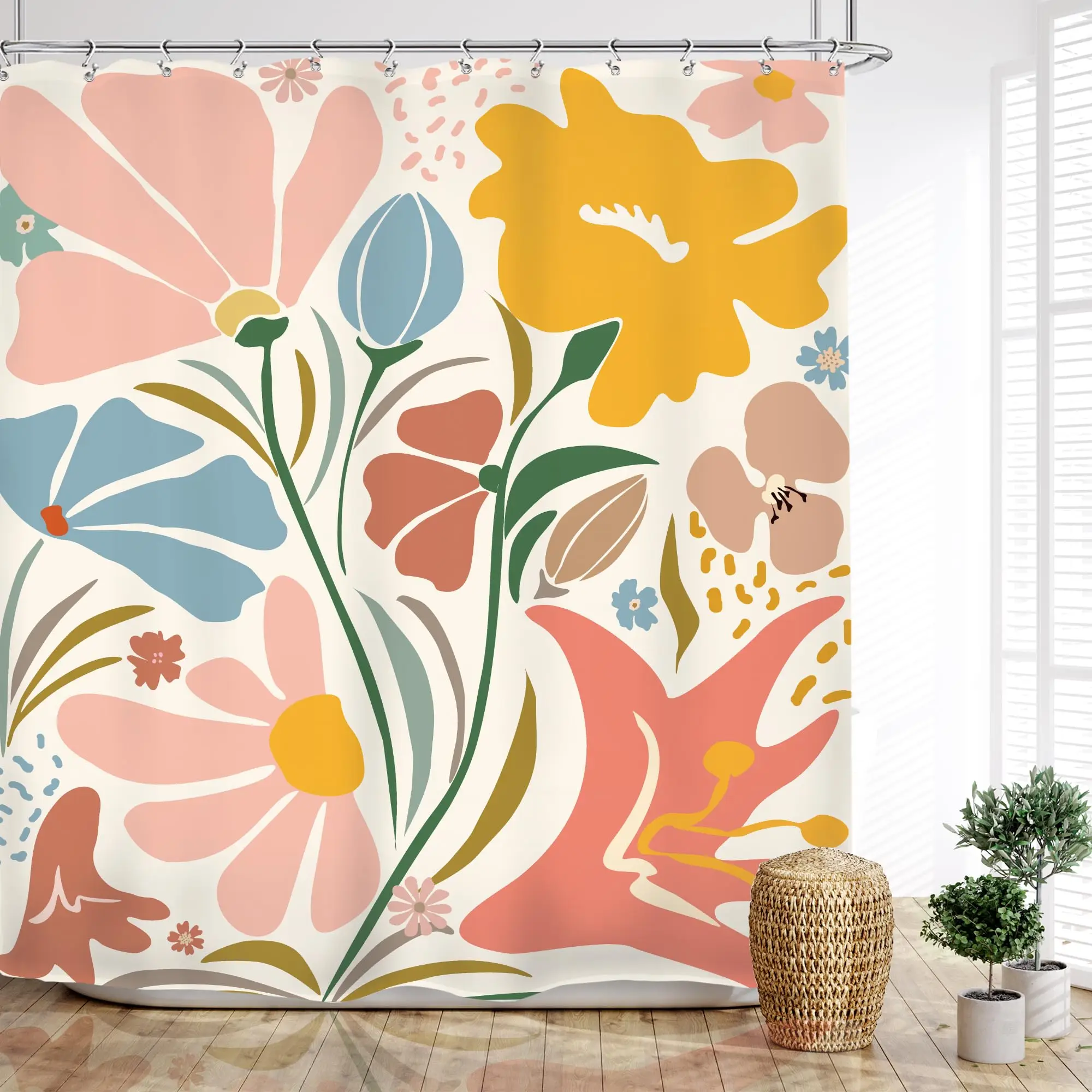 Boho Matisse Floral Shower Curtain Abstract Flowers Colorful Modern Aesthetic Vintage Minimalist Bathroom Accessories 12 Hooks