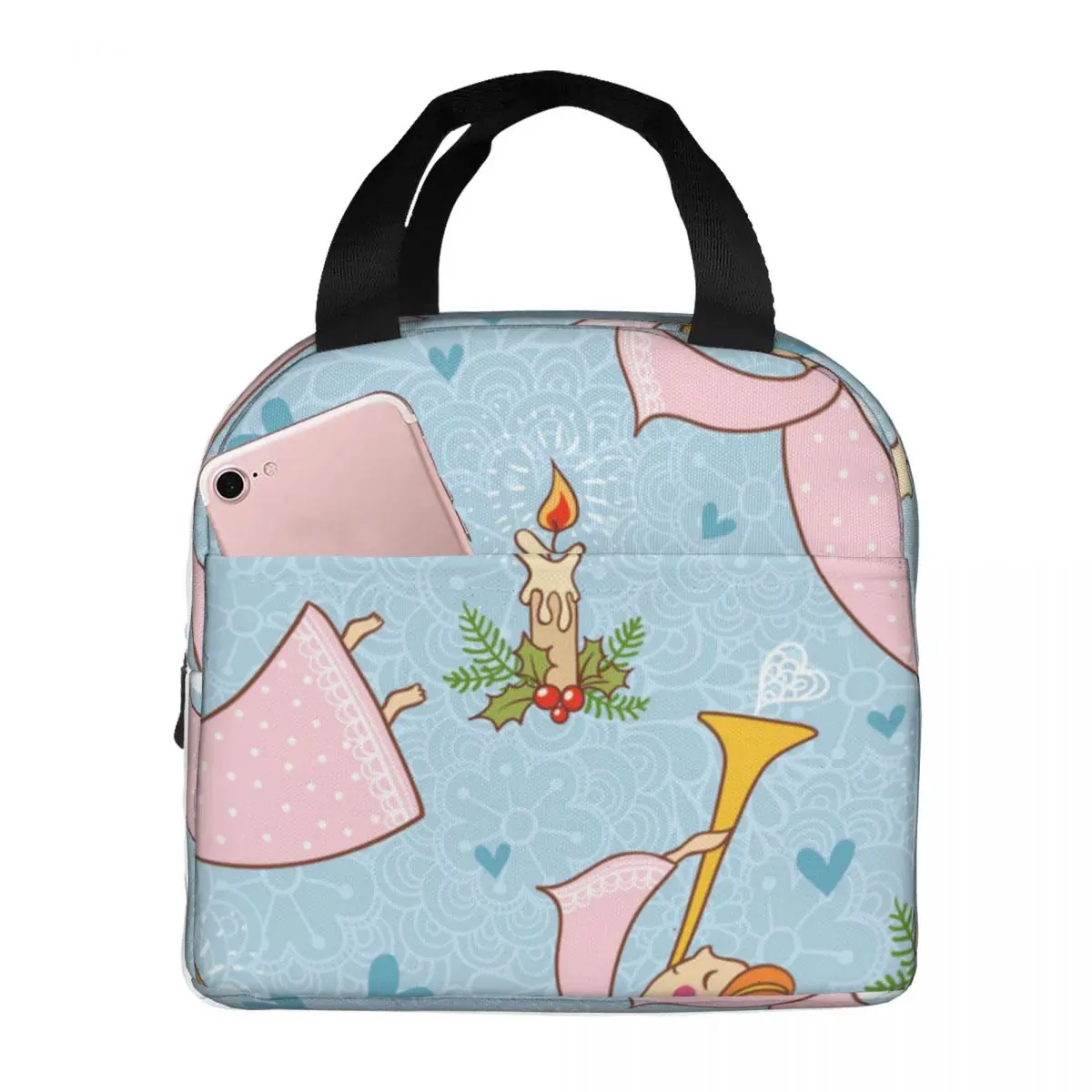 

Christmas Angels Playing Trumpet Portable Insulated Oxford Lunch Bag Reusable Lunch Box Lunch Organizer Thermal Cooler Tote Bag