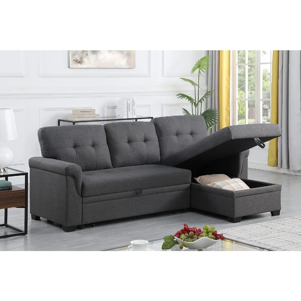 

84'' L-Shape Convertible Sleeper Sectional Sofa with Storage Chaise and Pull-Out Bed, Button Tufted Backrest, Linen Upholstered