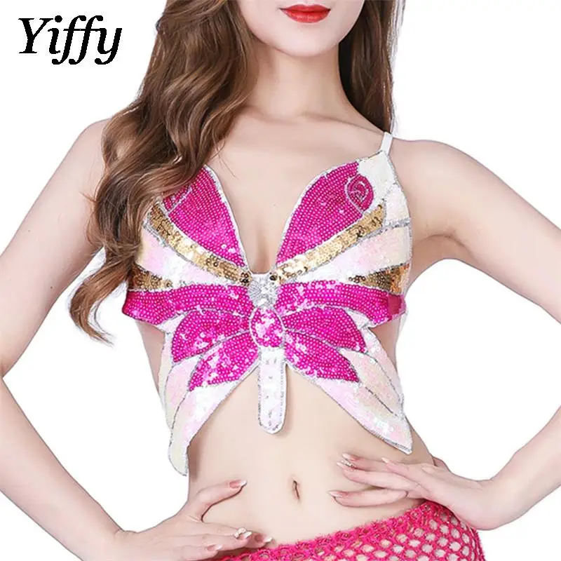 

Bellydance Oriental Dance Butterfly Sequins Top Women's Nightclub Performance Sexy Tank Top Modern Dance Bra Bandage Adjustable
