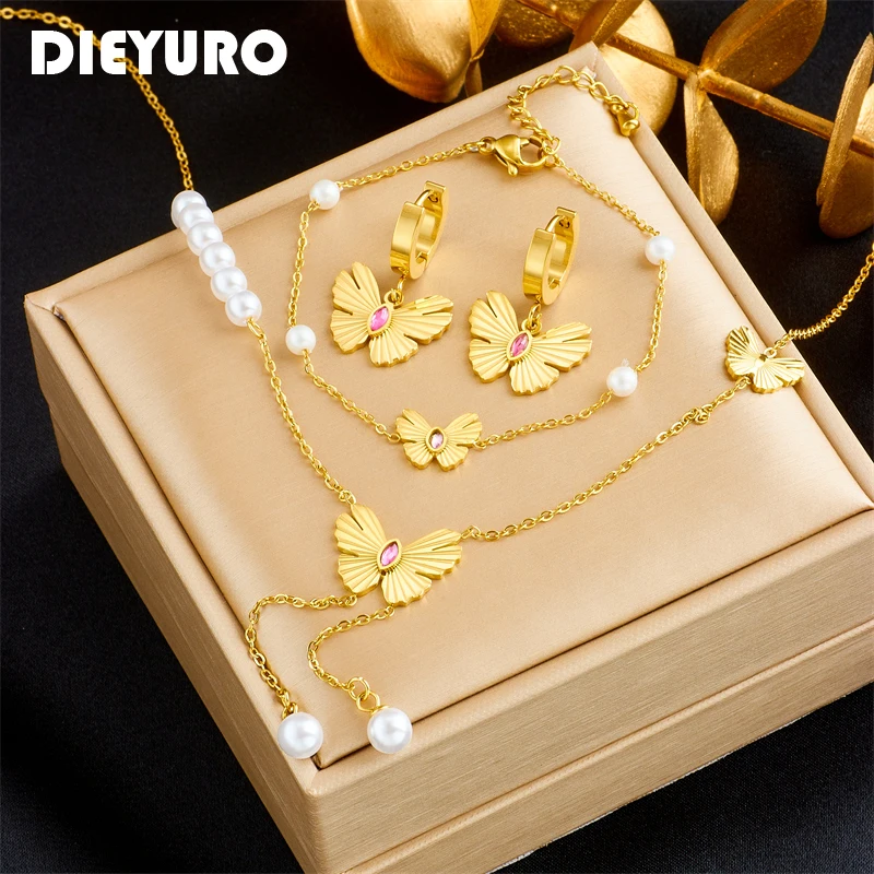 DIEYURO 316L Stainless Steel Butterfly Pearls Necklace Bracelets