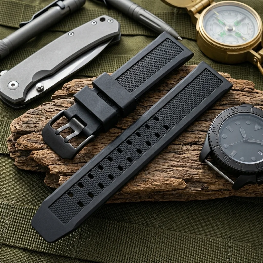 Black Silicone Diving Sport Watch Strap with Stainless Steel Buckle, 23mm