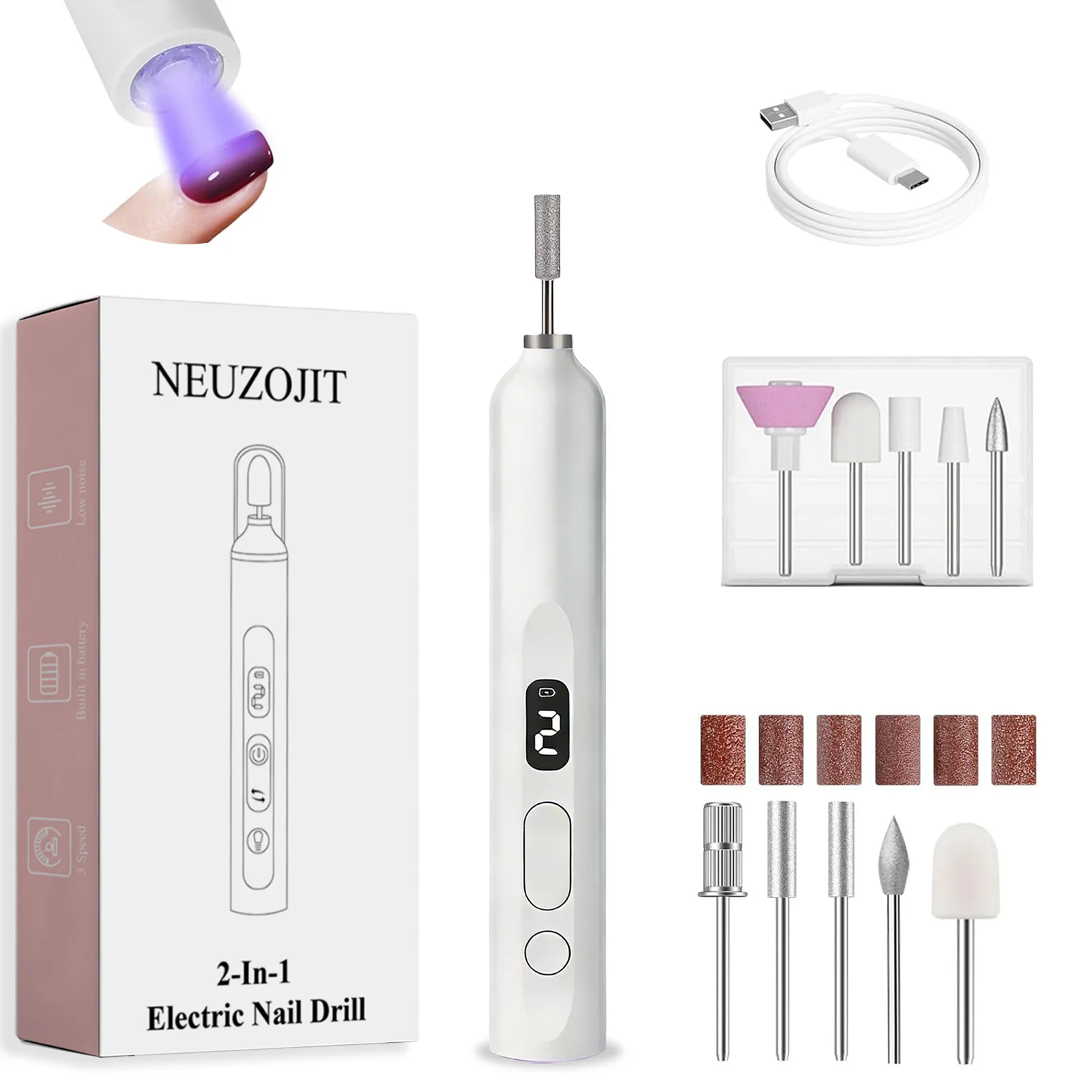 Juego de taladro de uñas y lámpara LED 2 en 1 para el hogar, lima de uñas eléctrica recargable con luz UV incorporada para curar esmalte de gel, herramienta portátil de manicura y pedicura para remover y endurecer gel acrílico, calidad de salón para uso doméstico