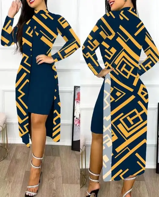 

Fashion Temperament Slit Print Design Dress for Women European & American Fashion Women's Summer New Midi Pullover Dresses