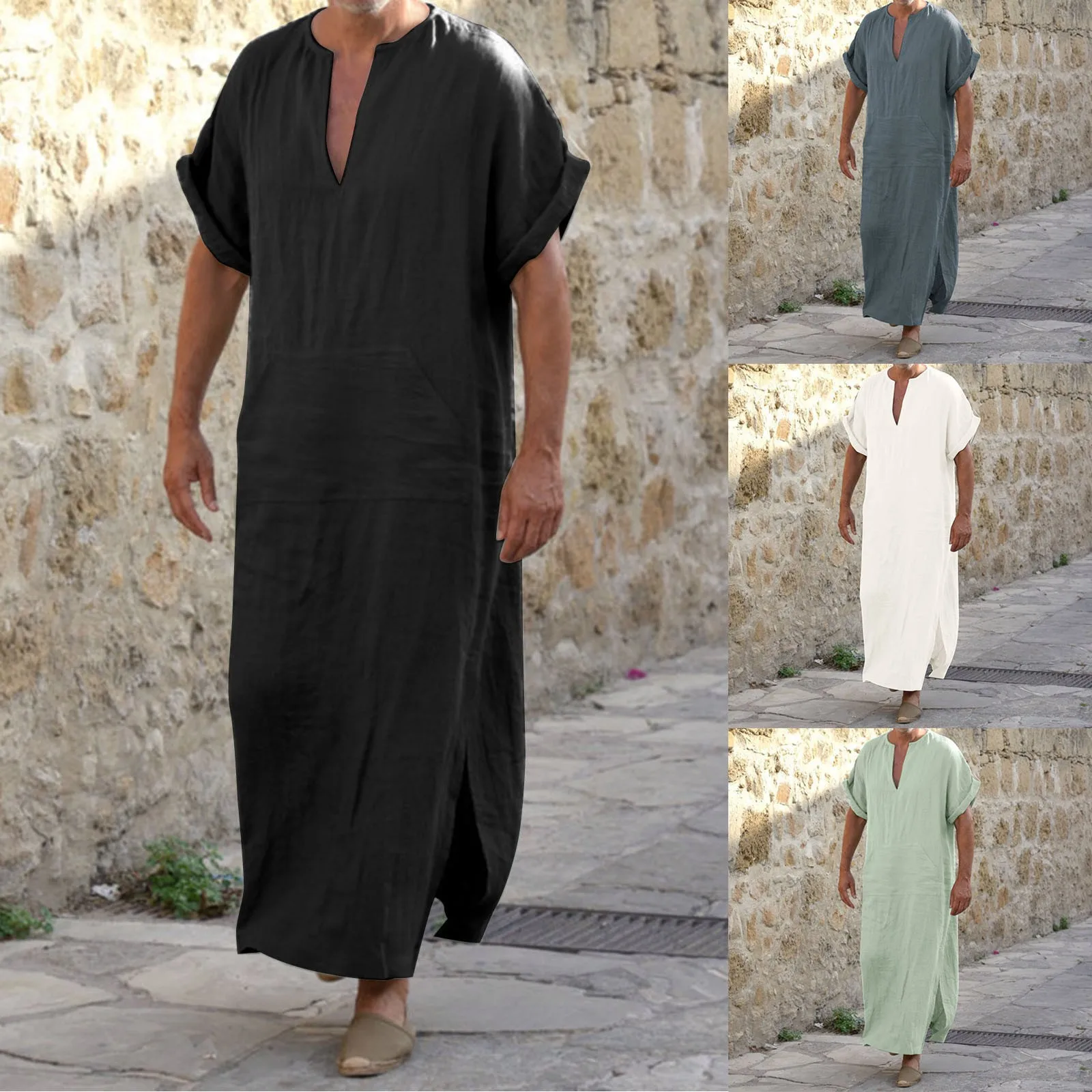 

Islamic Arabic Kaftan Men's Short Sleeve Solid Color V Neck Muslim Clothes Plus Size Loose Casual Middle East Dubai Jubba Thobe