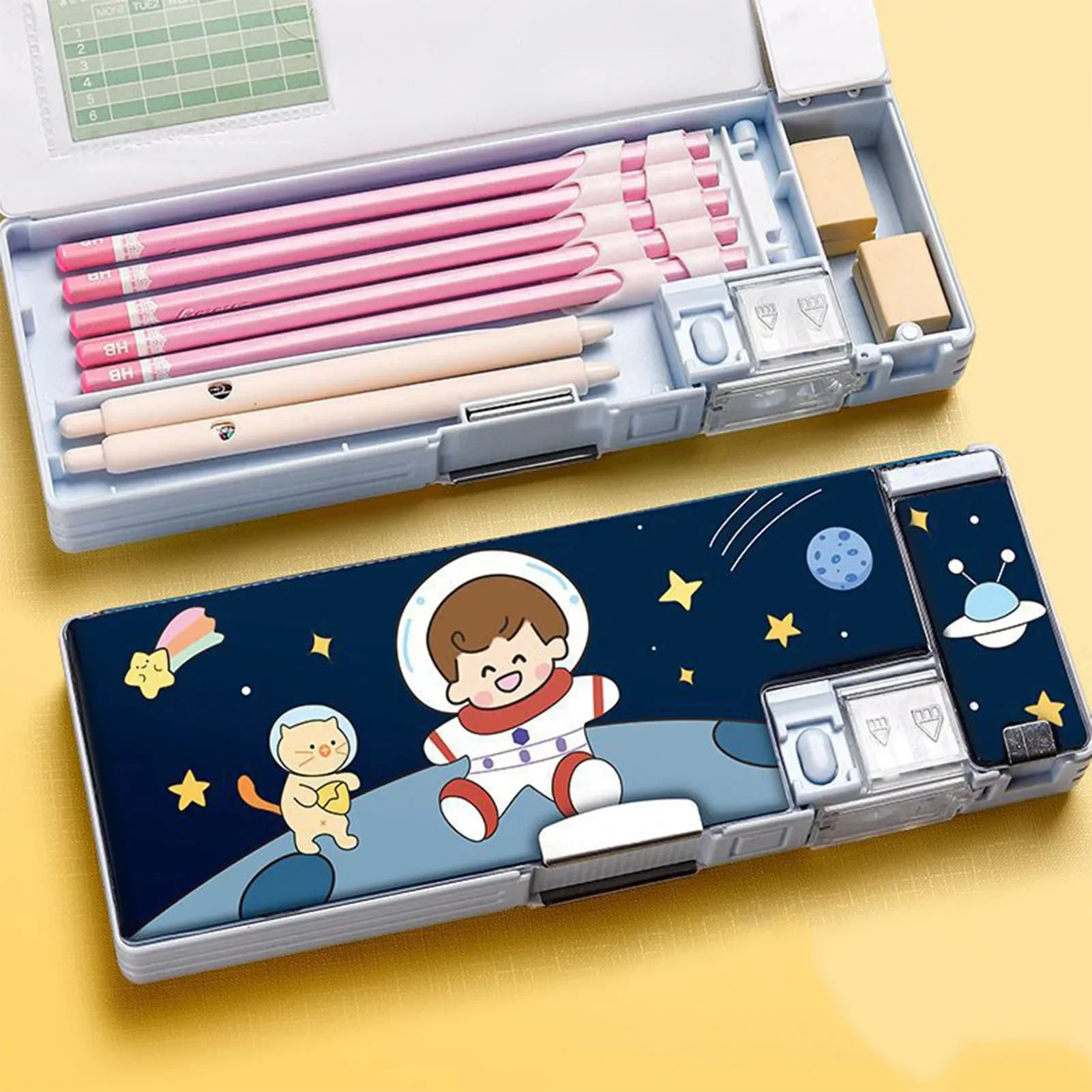 Magnetic Pencil Case Plastic Stationery Box with Magnetic Cover Dual-hole Sharpener for Pencils Erasers Clips
