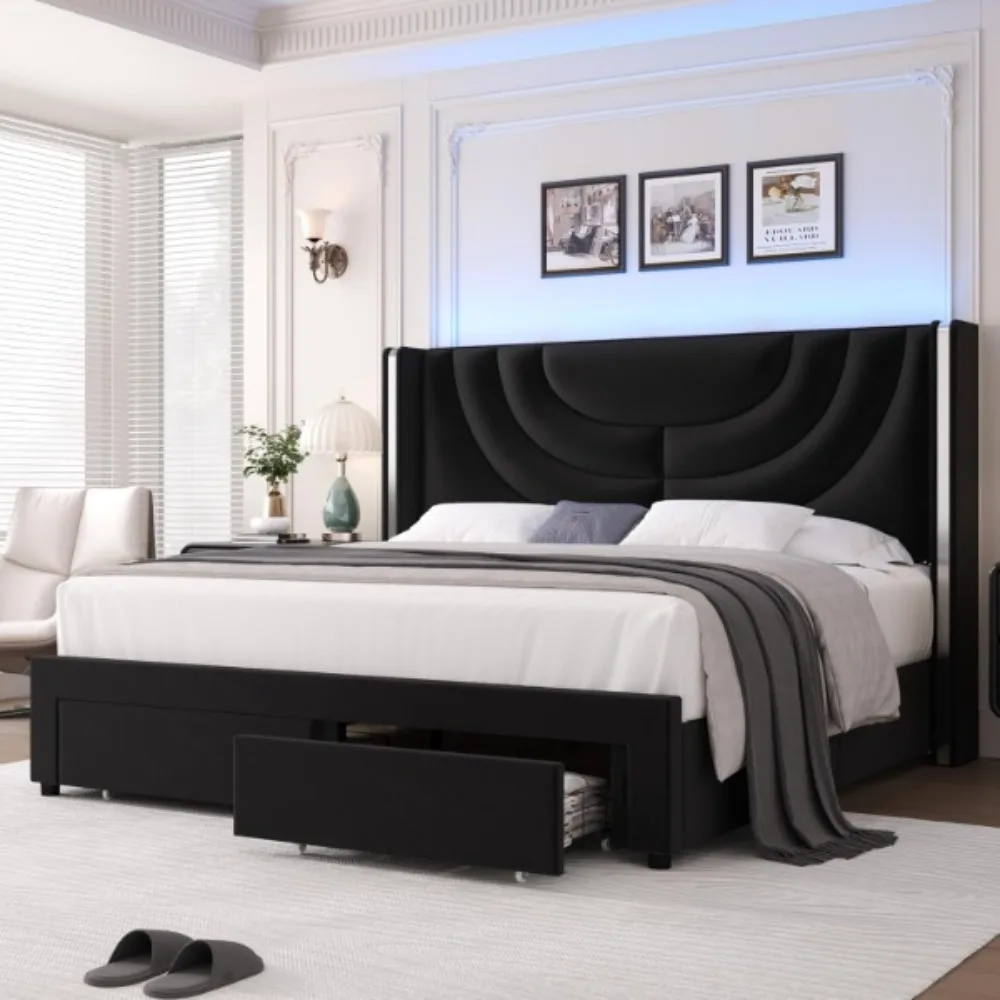 King-size upholstered LED bed frame with 2 storage drawers, velvet platform bed with wingback headboard，Black
